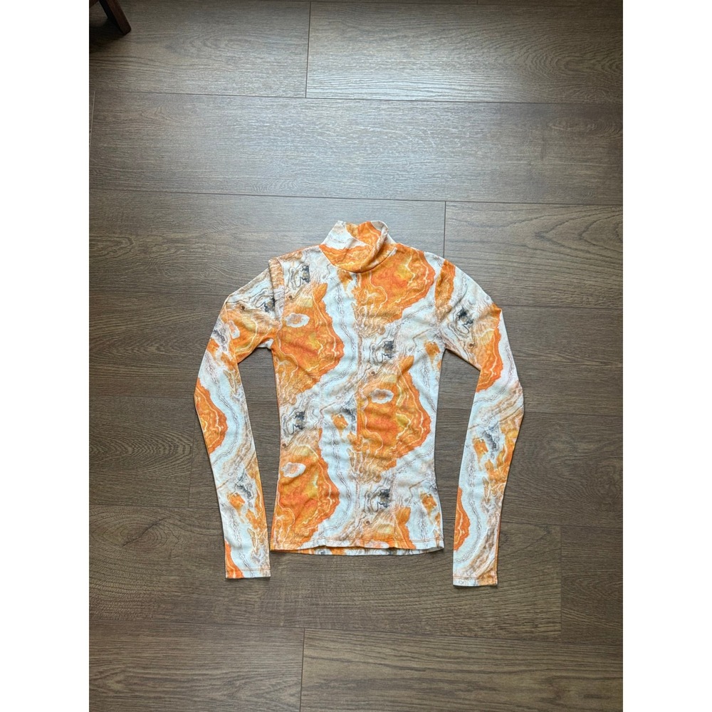 Topshop Orange Marble Agate Print Mock Neck Long Sleeve Top US 2